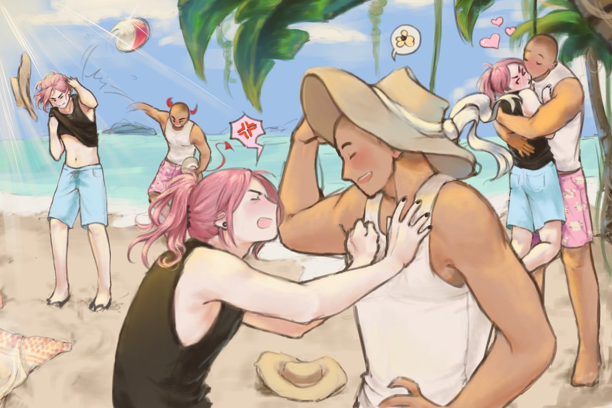 #underdogscontest #underdogstwt —
Prompt 1 : draw a character at the beach!

I had SOOO many ideas 🥲 but I already overworked myself with this one. I could've made a million drawings of this one! But i chose an Adil being a silly boyfriend and annoying his king LMAO 💭🫠🩷