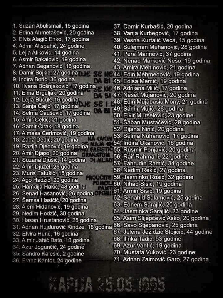 Te '95. sam imala 14g. Stanovali smo nedaleko od Kapije. Nikada neću zaboraviti sestrinog druga koji je prolazeći, na Šejlino pitanje šta se desilo, unezvijeren odgovorio  "ništa me ne pitaj, kosa mi je puna krvi i mesa" i produžio. Kapija je suza koju nikada nećemo obrisati.