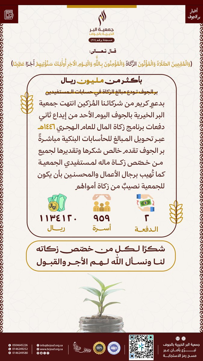 بدعــــمٍ مــن شركائنـا الـمُزكيــن
انتهـــينا من إيـــداع الدفعـــة (2)
من دفـعـات برنامــج #زكاة_المال
التفـاصـيـل تـجدونـهــا هُــــنا 🔗
brjouf.org.sa/news/zakat46-2…