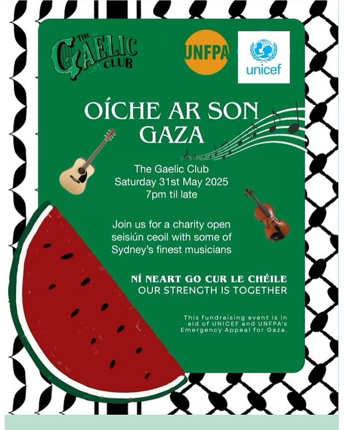 See you this Saturday 31st of May 7pm at <a href="/TheGaelicClub/">The Gaelic Club</a> Surry Hills for a night of the Sydney music community supporting Gaza. Funds raised will be going to an emergency appeal via <a href="/UNICEF/">UNICEF</a> and <a href="/UNFPA/">UNFPA</a>