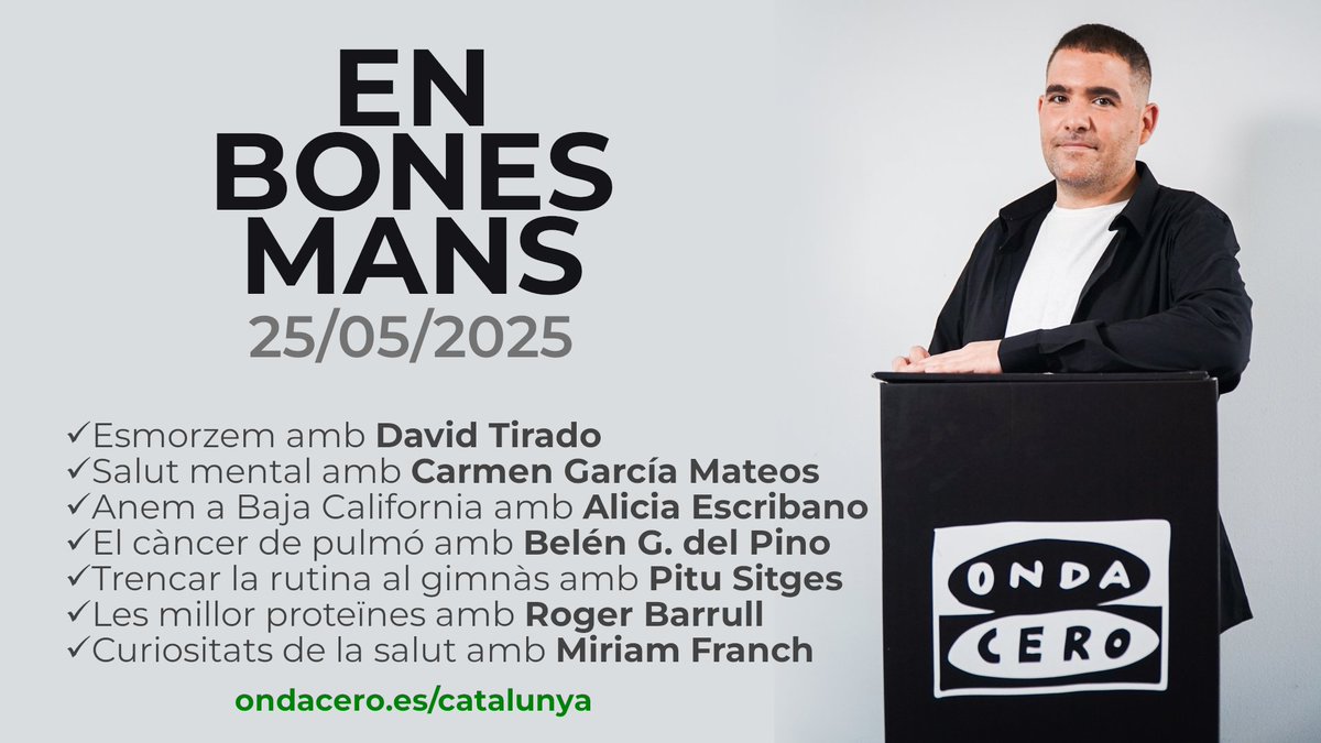 Onda Cero Catalunya (@ondacero_cat) on Twitter photo Ja pots escoltar el programa #EnBonesMans d'aquest diumenge 25 de maig, amb <a href="/robert_calvo/">Robert Calvo</a>. Fem salut des de la ràdio!
🎙️Isabel Alarcón, <a href="/salvatpharma/">Salvat</a>
🎙️Jordi Royo, <a href="/amalgama_7_es/">Amalgama7 | Escuela terapéutica</a>
🎙️Josep Comin, <a href="/hbellvitge/">Hospital Universitari Bellvitge | HUB</a>
🔊 ondacero.es/emisoras/catal… Ja pots escoltar el programa #EnBonesMans d'aquest diumenge 25 de maig, amb <a href="/robert_calvo/">Robert Calvo</a>. Fem salut des de la ràdio!
🎙️Isabel Alarcón, <a href="/salvatpharma/">Salvat</a>
🎙️Jordi Royo, <a href="/amalgama_7_es/">Amalgama7 | Escuela terapéutica</a>
🎙️Josep Comin, <a href="/hbellvitge/">Hospital Universitari Bellvitge | HUB</a>
🔊 ondacero.es/emisoras/catal…