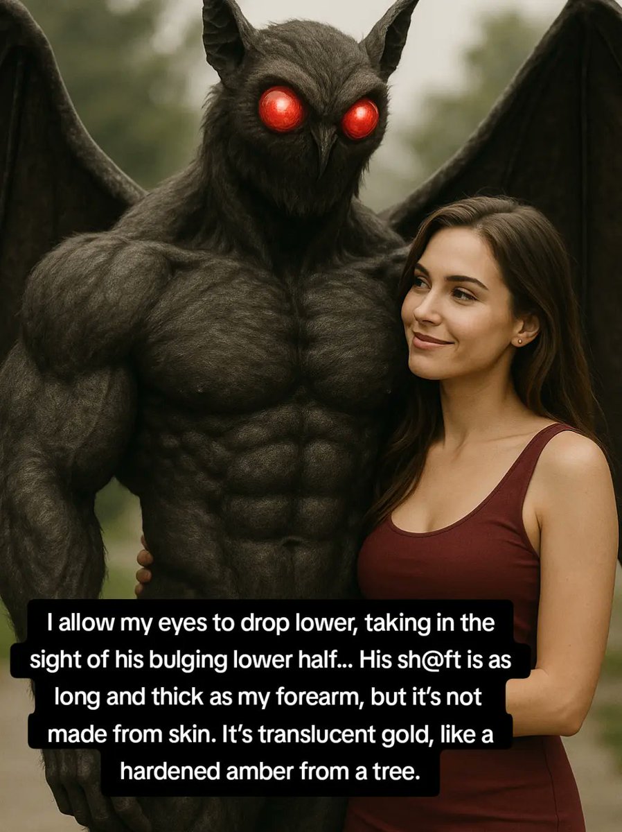 DaniDevour's tweet photo. As he stares, unmoving, I allow my own gaze to roam over his form. His body is the perfect fusion of man and insect, rippling with raw, primal power. His chest is a bastion of muscle, each ripple and shadow dancing in the moonlight. #mothman https://t.co/XctYj7FRYL