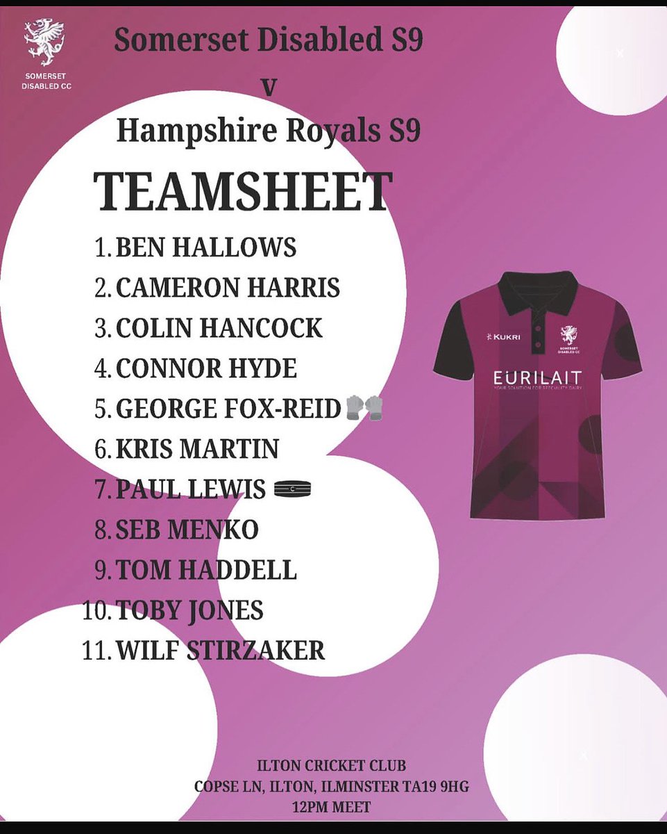 SomersetDisabledCC (@somdisabledcc) on Twitter photo Today our S9 team are in action! We are playing at home <a href="/IltonCC/">Ilton Cricket Club</a> against Hampshire! Here is the line up! Good luck all! #gowell #wearesomerset π₯ Today our S9 team are in action! We are playing at home <a href="/IltonCC/">Ilton Cricket Club</a> against Hampshire! Here is the line up! Good luck all! #gowell #wearesomerset π₯