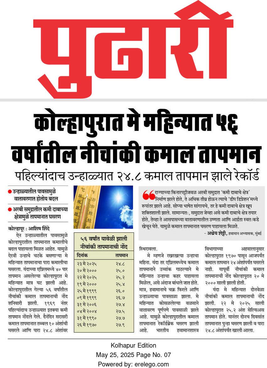 shetty_athreya's tweet image. Shared my views in #Pudhari today on the record breaking Cold day temperatures seen in #Kohlapur few days ago.

Discussed the role played by the former Deep Depression in causing rains and keeping Max temps low.

Many thanks to @itsashishshinde for quoting