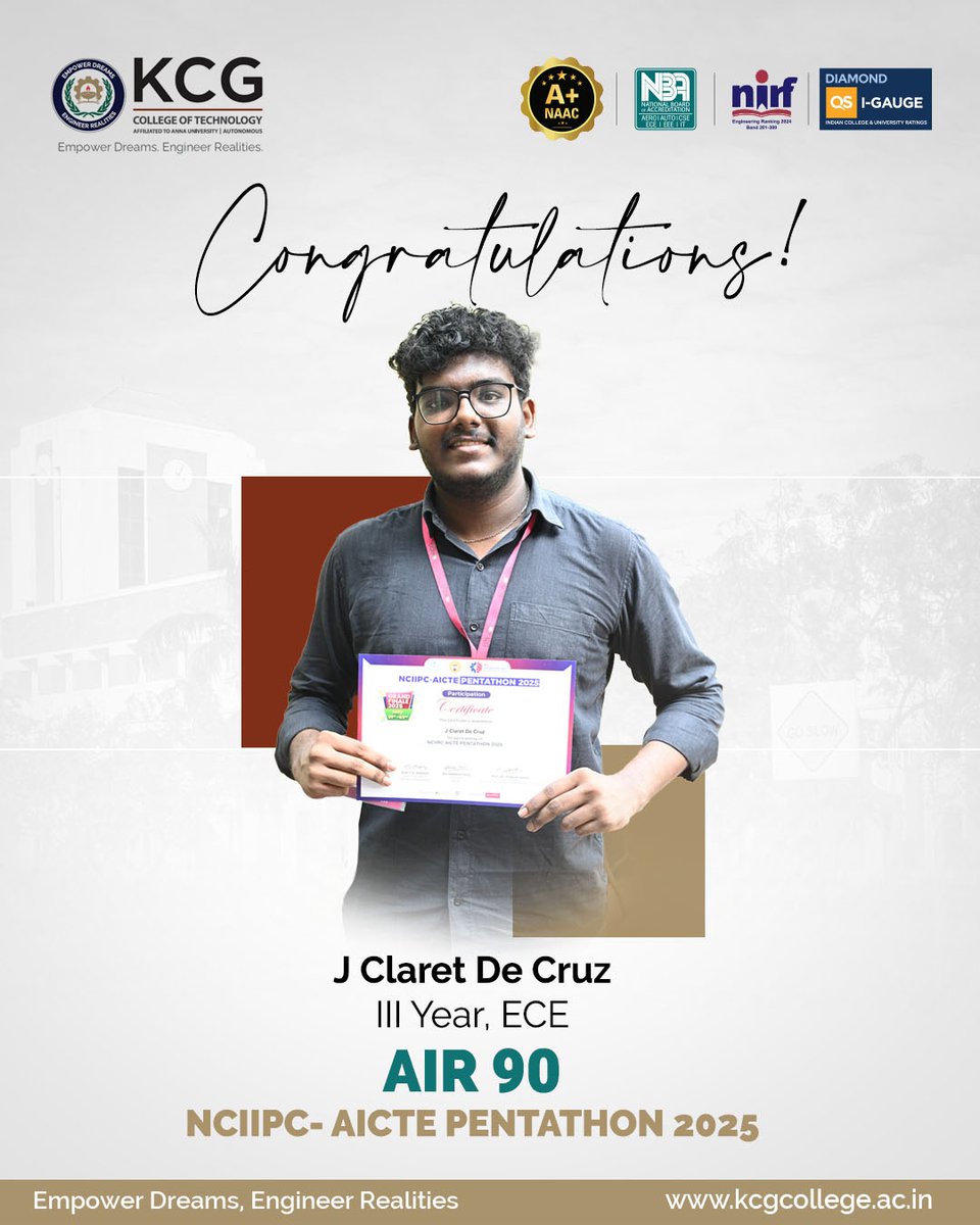 We are proud to announce that J Claret De Cruz, a 3rd-year student from the Dept of Electronics and Communication Engineering at KCG College of Technology, has secured an impressive All India Rank (AIR) of 90 in the prestigious NCIIPC-AICTE Air Pentathon 2025.
#KCGCollege