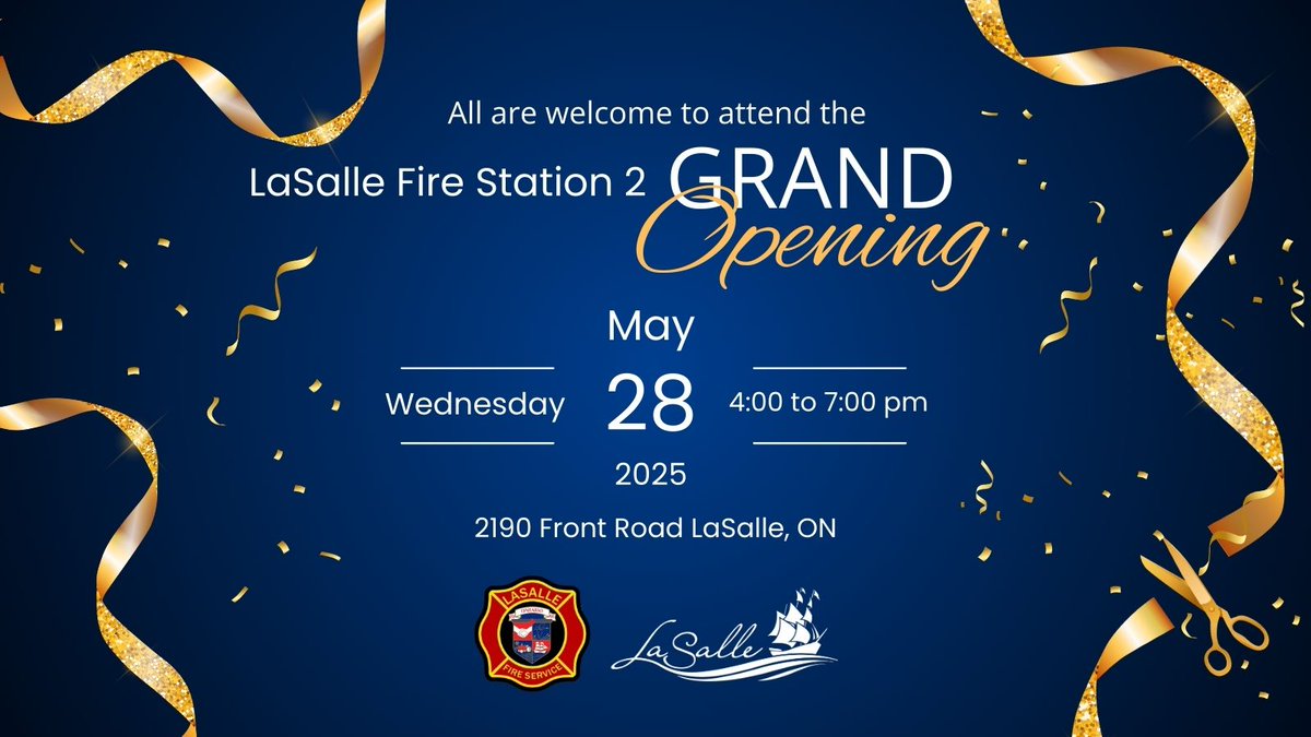 All are welcome to join us at the LaSalle Fire Station 2 Grand Opening! A family-friendly, open-house event.

📅 Wednesday, May 28, 2025 
🕓 4:00 pm to 7:00 pm (Ribbon-cutting at 5:00 pm) 
📍 2190 Front Road, LaSalle, ON