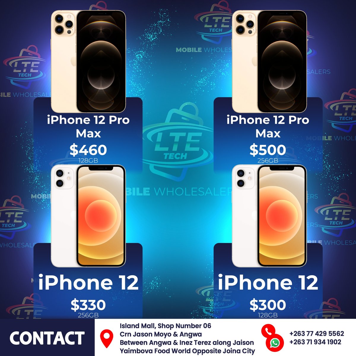 LTEtech_Boss's tweet photo. Elevate your digital life! Discover the iPhone 12 series and Pro Max options at LTE Tech Electronics. Storage options in 128GB and 256GB. Find yours today. #GadgetLovers https://t.co/9I9FDaDyIf