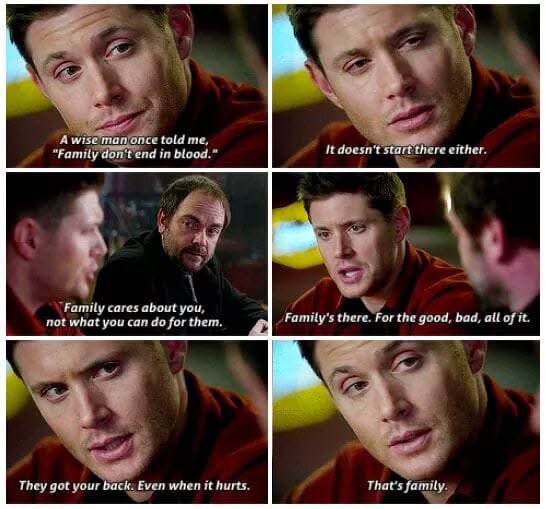corrupt_touch's tweet photo. Sorry but saying that “Supernatural is only about the brothers and not found family!” completely ignores that “family doesn’t end with blood” was a theme central to the show. https://t.co/4nAldeMaJC