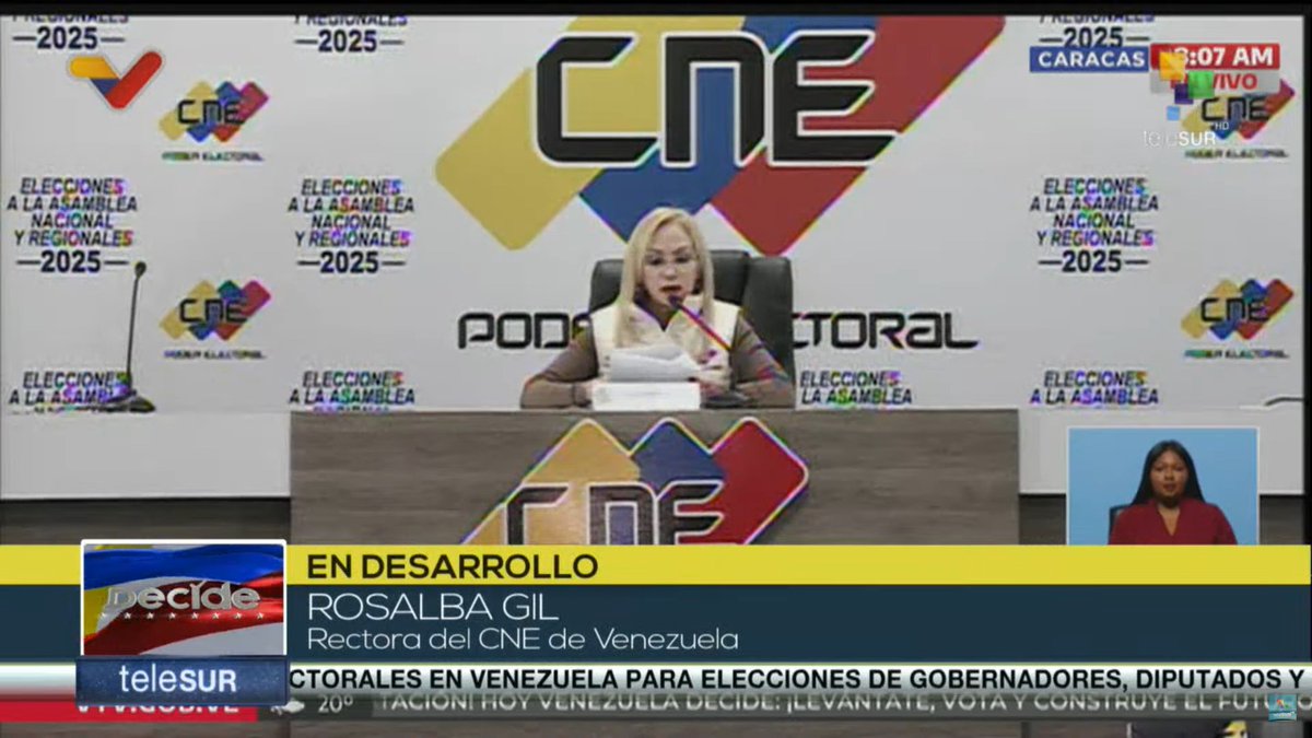 #ENVIVO | ''El único requisito para participar es la cédula de identidad, aunque esté vencida. Desde el #CNE🇻🇪, invitamos al pueblo venezolano a participar masivamente el día de hoy a las elecciones'' comentó Rosalba Gil
