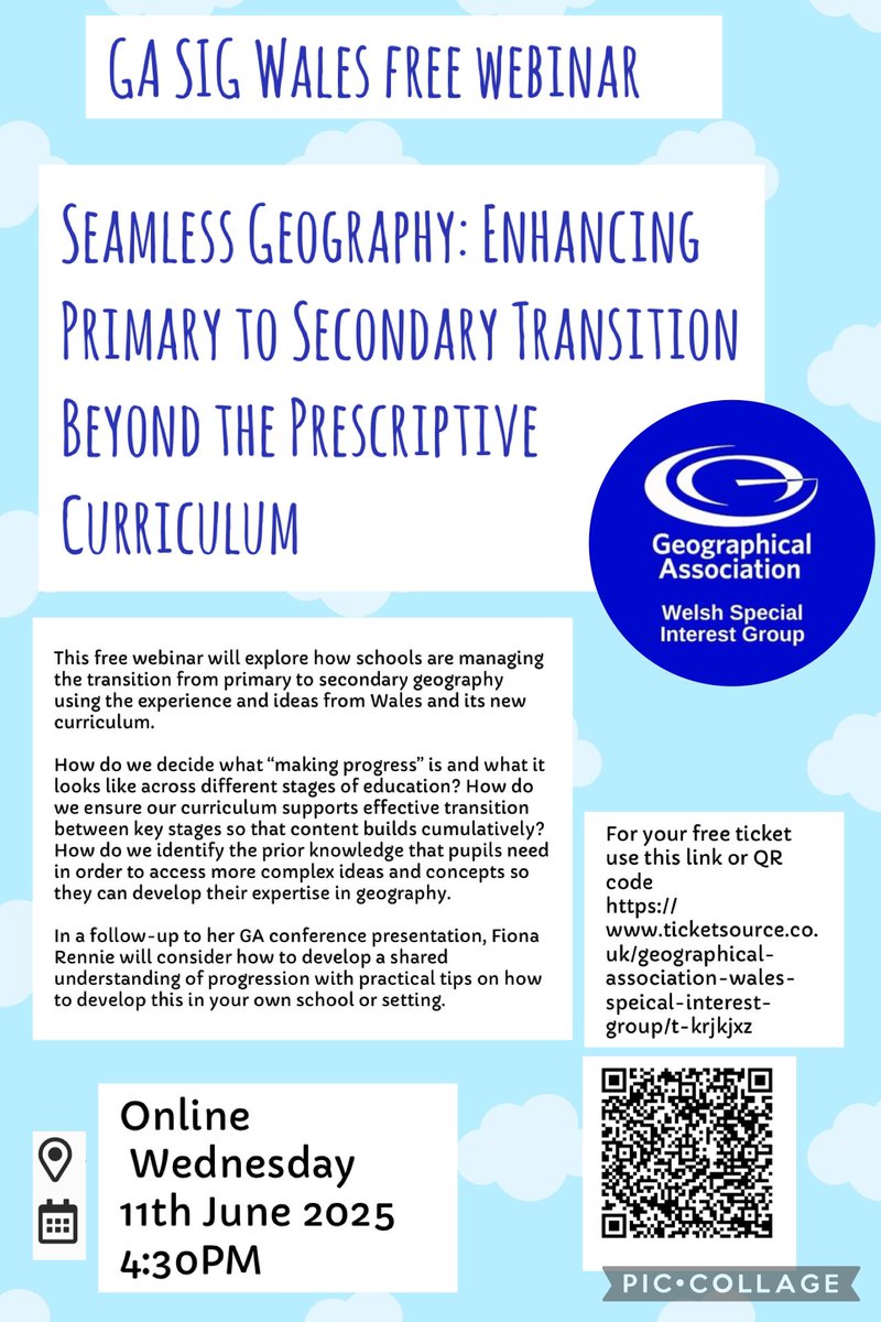 The GA Wales Special Interest Group is hosting a webinar entitled 'Seamless Geography'. It's very relevant as we consider plans for next year and how to move seamlessly through the progression steps.
Sign up for the webinar through the links below. Wednesday 11 June 4.30pm