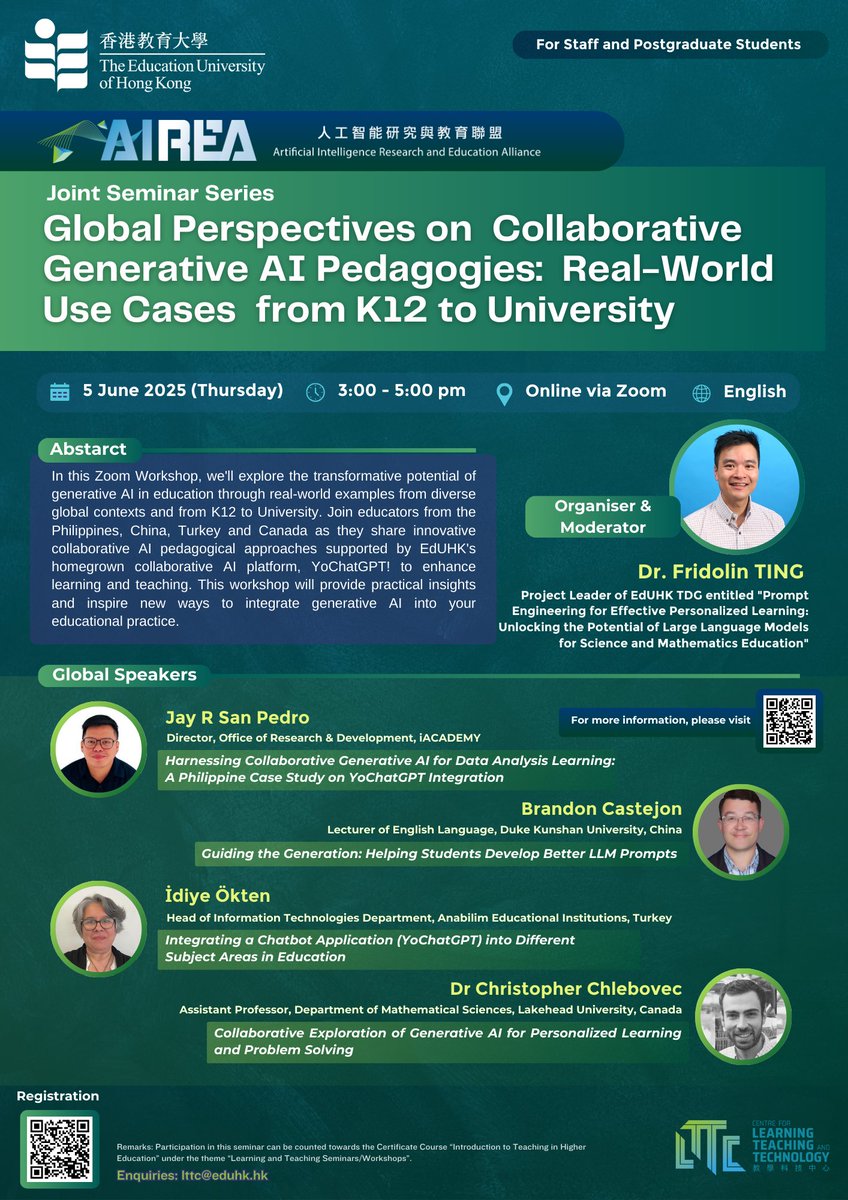 🚀 Dive into "Global Perspectives on Collaborative Generative AI Pedagogies"! Join our Zoom seminar on June 5, 3-5 PM HKT. Hear from experts in 🇵🇭🇨🇳🇹🇷🇨🇦 on real-world K12 to University AI use cases with #YoChatGPT! 🔗 Register here: airea.eduhk.hk/seminars/20250…
#AIinEducation #GenAI