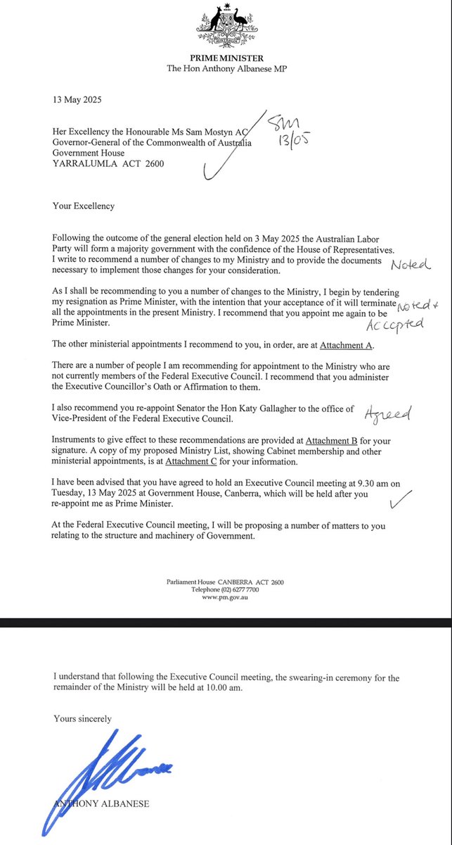 maybemick's tweet photo. @MadsMelbourne @JonnyVendetta No. It’s actually all correct. Again, the Exec Council is not the parliament. The Exec Council is chosen by the GG (on recommendation of the PM) and sworn in separately (per Chapter 2). Caretaker conventions ensure departments do not make decisions until their bosses are back. https://t.co/cIwcHwGp4f