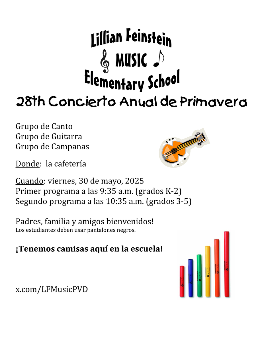 28th Annual Spring Concert at <a href="/LFSackettSharks/">Lillian Feinstein Elementary at Sackett Street</a> on Friday, May 30th. Two performances: 9:35 &amp; 10:35 a.m. 🎵<a href="/pvdschools/">Providence Public Schools</a>