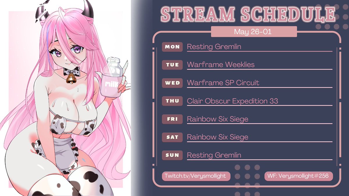 Welp a half asleep Gremy has come to gib you this weeks stream schedule in her pjs

Gremy hopes to see you all tomorrow to start off the week

But for now enjoy your last day of the weekend and make sure to grab snacks