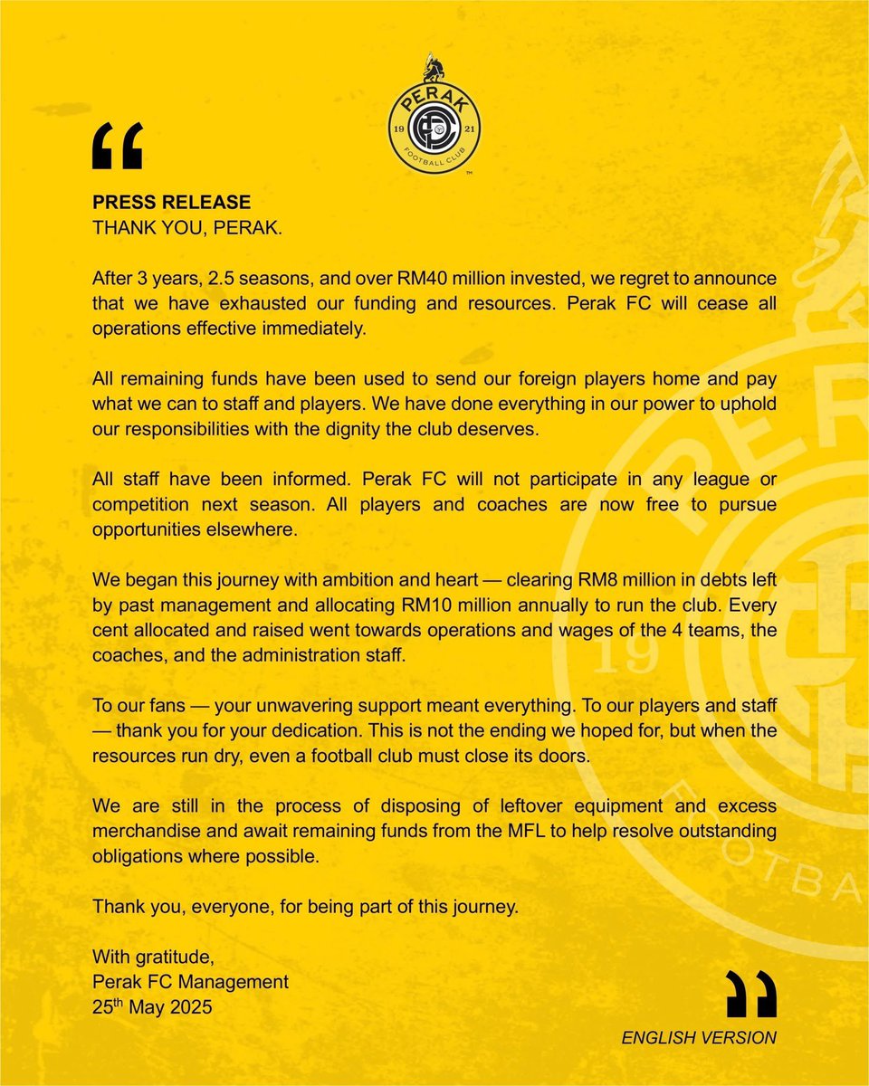 𝙆𝙀𝙉𝙔𝘼𝙏𝘼𝙉 𝙈𝙀𝘿𝙄𝘼 𝙏𝙀𝙍𝘼𝙆𝙃𝙄𝙍

Terima kasih kepada Yob &amp; Yong diatas sokongan kome sepanjang perjalanan ini. 

Terima kasih kepada para pemain, jurulatih &amp; staff diatas keringat &amp; jasa yang telah diberi.

Akhir kalam, jutaan terima kasih kepada semua!