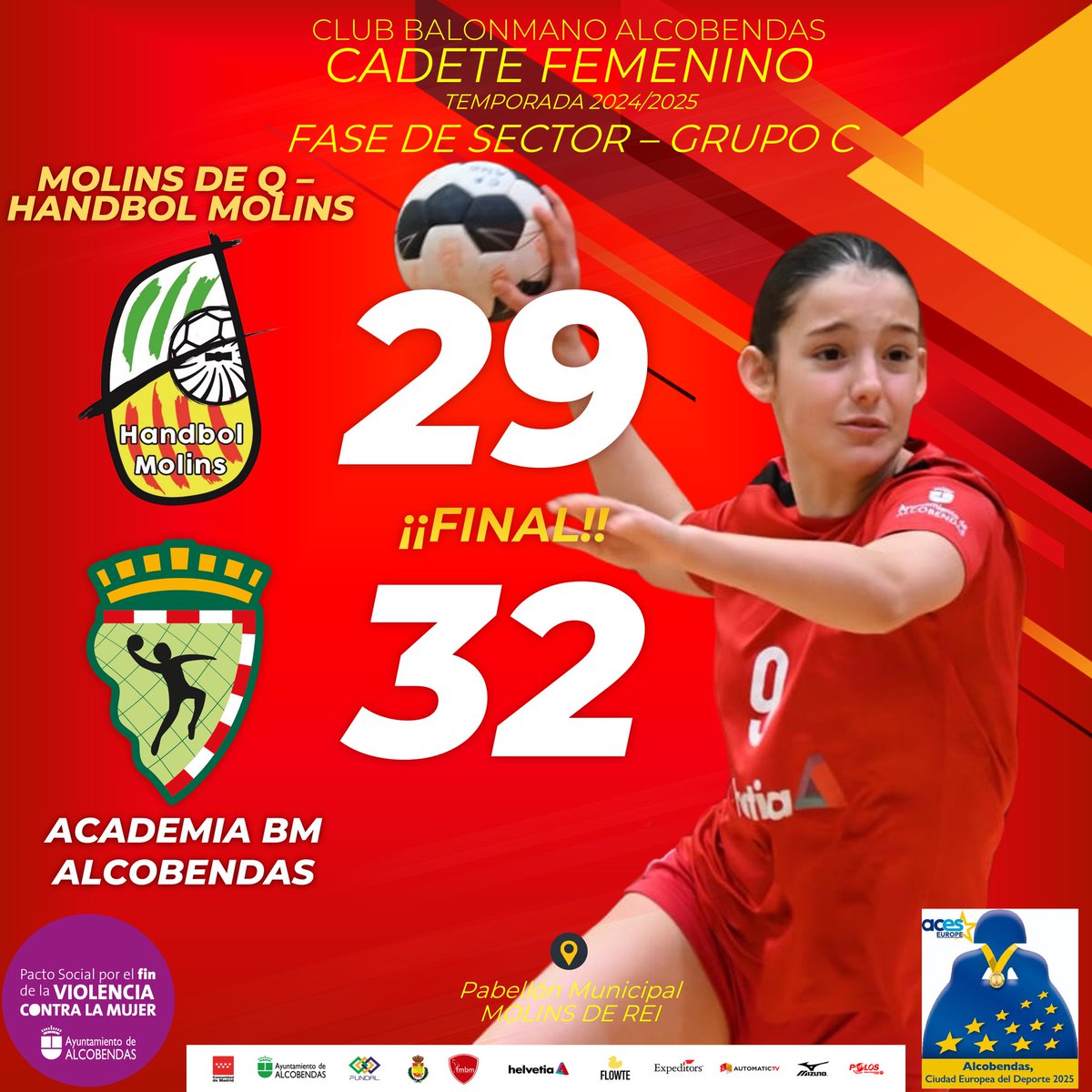 🔥💥 GAME DAY 💥🔥
🤾‍♀️ ¡ESTAMOS EN LA FASE FINAL DEL CAMPEONATO DE ESPAÑA! ¡ENHORABUENA CHICAS!
🏆 #CDECadeteBM Sector C - FINAL
🕛¡FINAL!
Molins de Q <a href="/HandbolMolins/">Club Handbol Molins</a> 🟢 29 - 32 🔴 Academia <a href="/bmalcobendas/">Balonmano Alcobendas</a>
📍Polideportivo Municipal, Molins de Rei
#ConectaTuPasión #balonmanoalcobendas