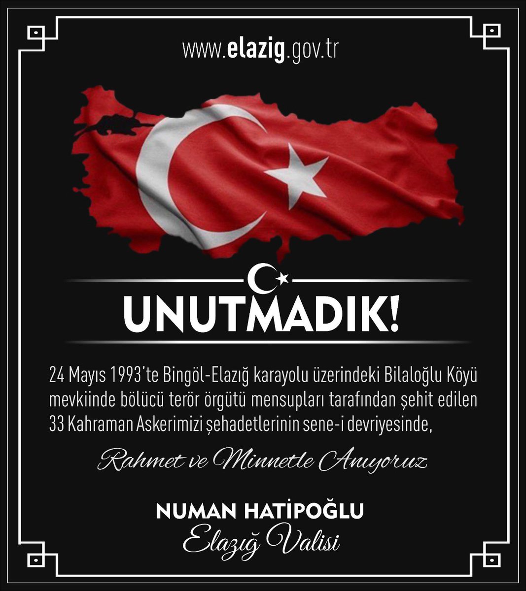 Şehitler Ölmez Vatan Bölünmez !

32 yıl önce Elazığ-Bingöl karayolunda hain terör saldırısında şehit düşen intikal halinde sivil ve silahsız olan 33 kahraman Mehmetçiğimizi rahmet, minnet ve saygıyla anıyorum.

Vatan uğruna canlarını feda eden aziz şehitlerimizin hatırası