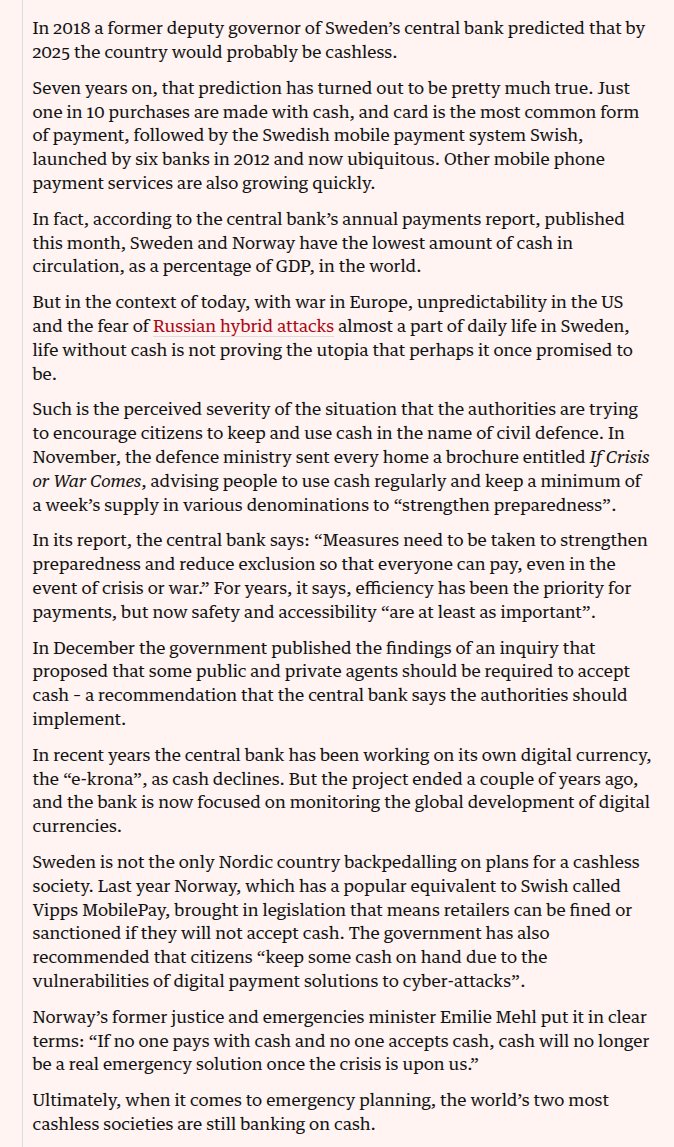 Nordics are walking back the cashless society initiative because their centralized implementation of the concept is too fragile. Cash turns out necessary as a backup.

Ethereum needs to be resilient enough, and private enough, to be able to credibly play this kind of role.