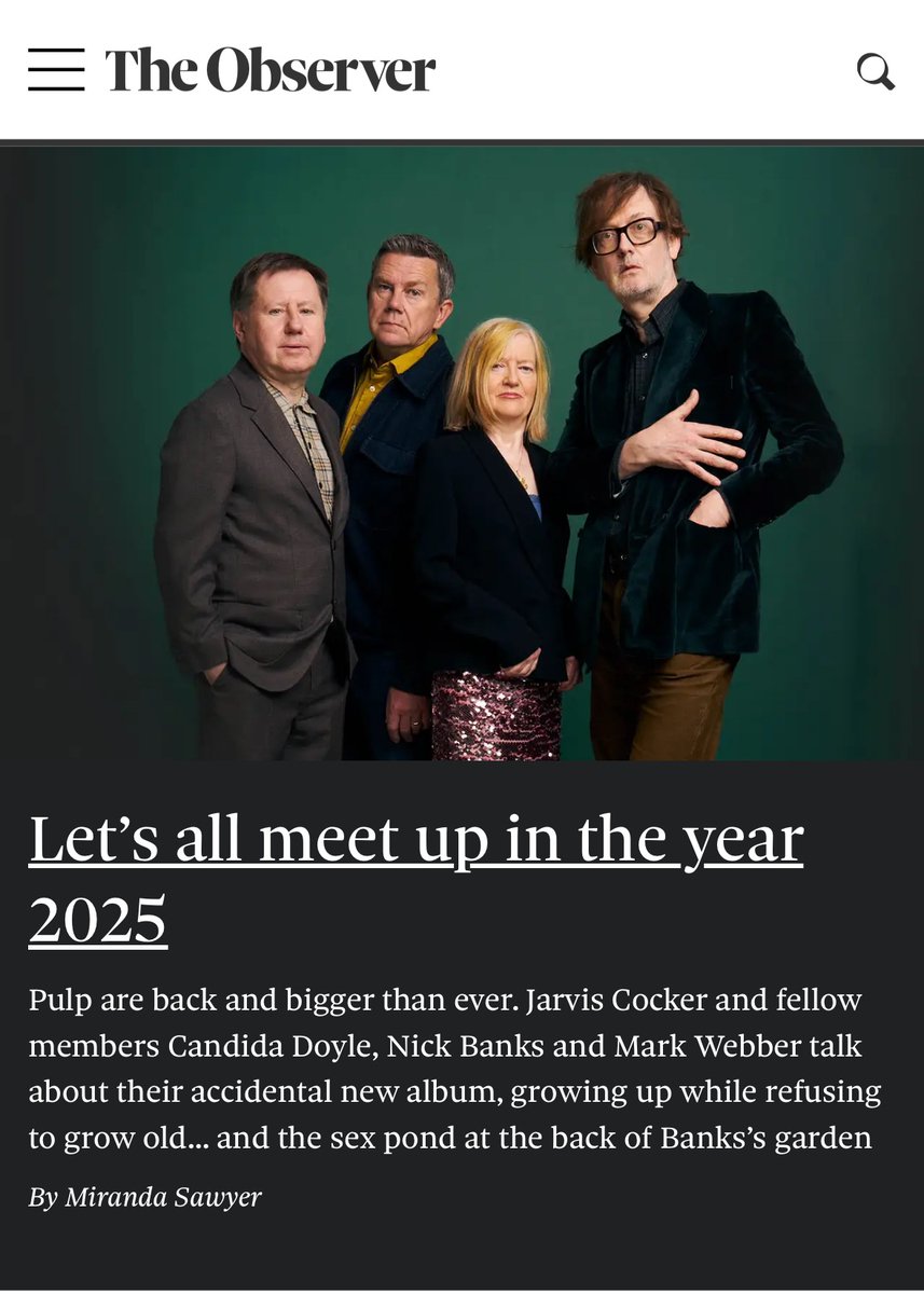 welovepulp's tweet image. Read all about us … Great interview & article in @ObsNewReview today.
observer.co.uk/culture/interv…
You'll also find Pulp in @uncutmagazine & an interview at @RollingStone rollingstone.com/music/music-fe…
Lots of press coming all over, pls tag @welovepulp in yr photos.
#pulplovegivingyoumore