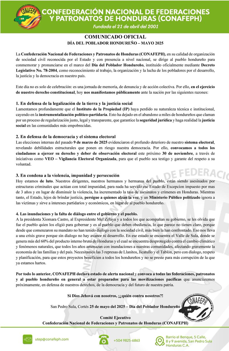 ¿Por qué protestamos este #DíaDelPoblador?

Porque Honduras merece tierra legalizada, democracia real, justicia para nuestros líderes asesinados y un gobierno que escuche al pueblo.

Conoce nuestras razones.
Leé el comunicado completo aquí 👇

¡El pueblo no se rinde, se organiza!