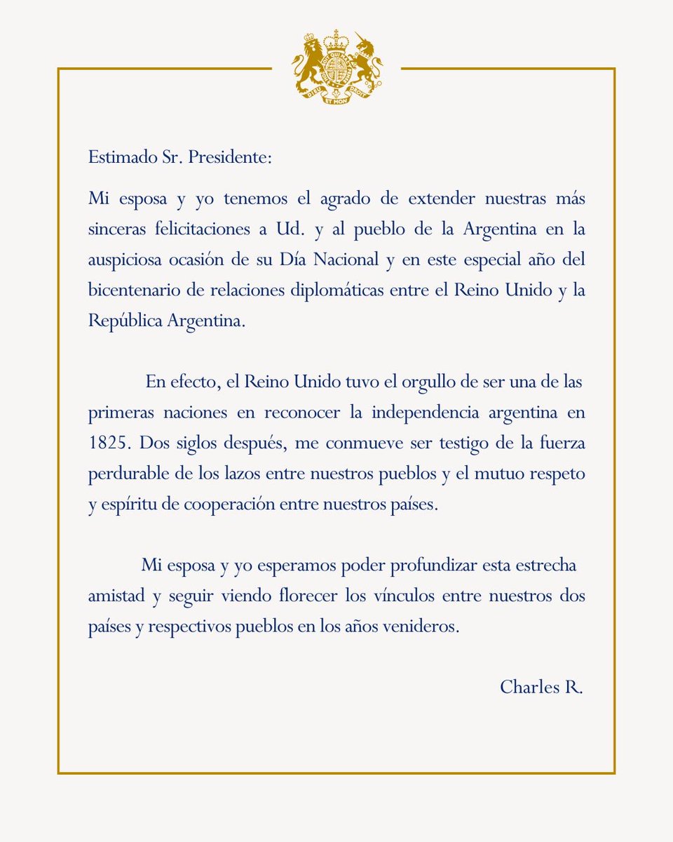 Embajada Británica en Argentina (@ukinargentina) on Twitter photo Compartimos el mensaje de Su Majestad el Rey Carlos III al presidente <a href="/JMilei/">Javier Milei</a> y a todos los argentinos por el Día de la Patria 🇦🇷. Compartimos el mensaje de Su Majestad el Rey Carlos III al presidente <a href="/JMilei/">Javier Milei</a> y a todos los argentinos por el Día de la Patria 🇦🇷.