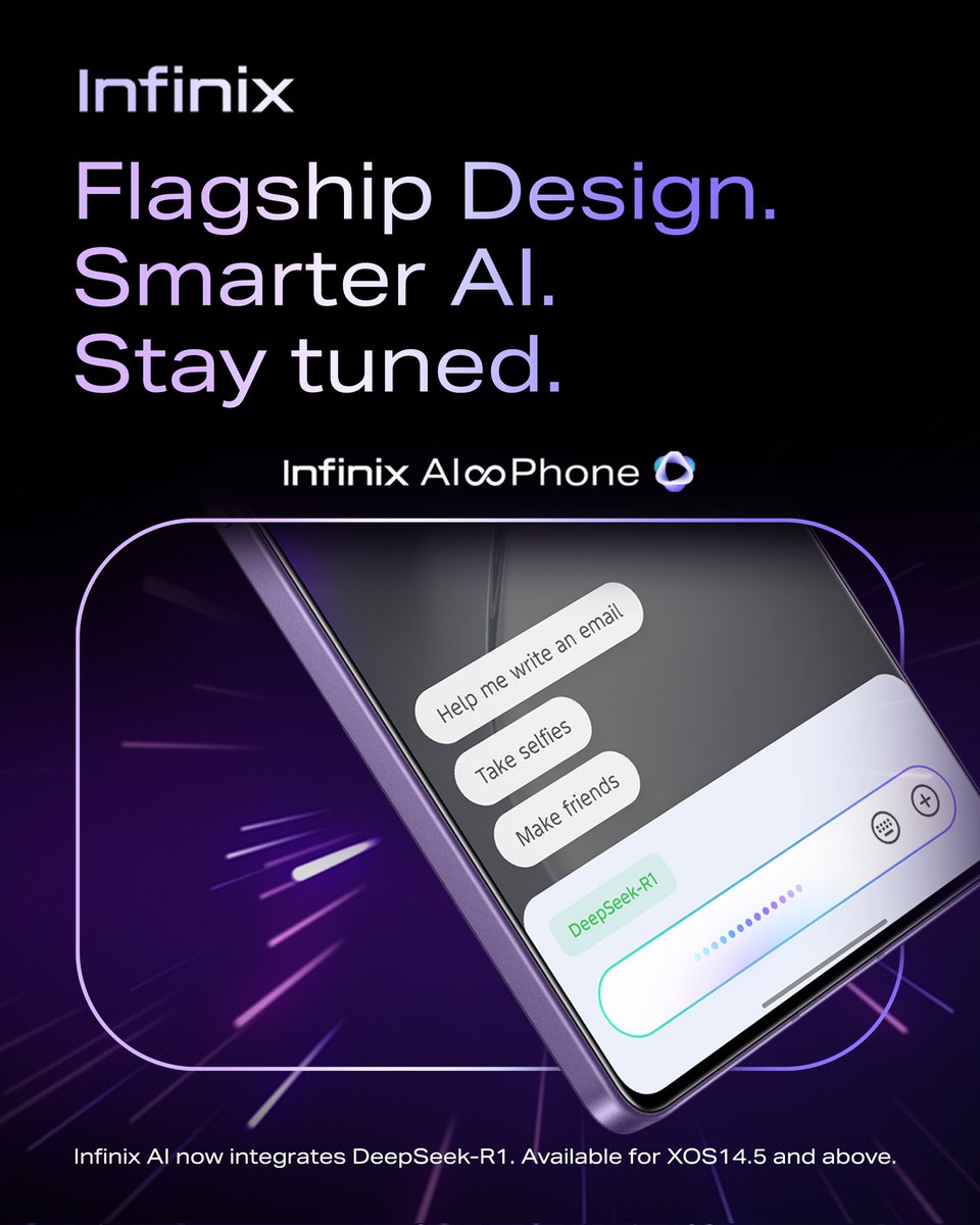 Smarter interactions, seamless experiences—Infinix now integrates DeepSeek-R1. From assisting with tasks to enhancing daily productivity, AI just got an upgrade. 

#Infinixtanzania #InfinixAI #PerformanceByDesign #NOTE50Series #FlagshipDesignAIPhone #ComingSoon