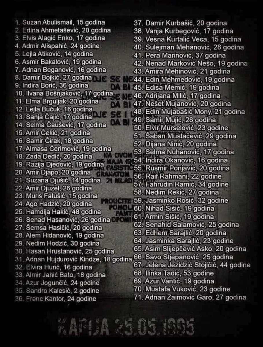Camil_Durakovic's tweet image. Na današnji dan prije 30 godina, pripadnici Taktičke grupe VRS kojom je komandovao Novak Đukić su sa Ozrena ispalili granatu koja je na Tuzlanskoj kapiji ubila 71 osobu a ranila više od 200.