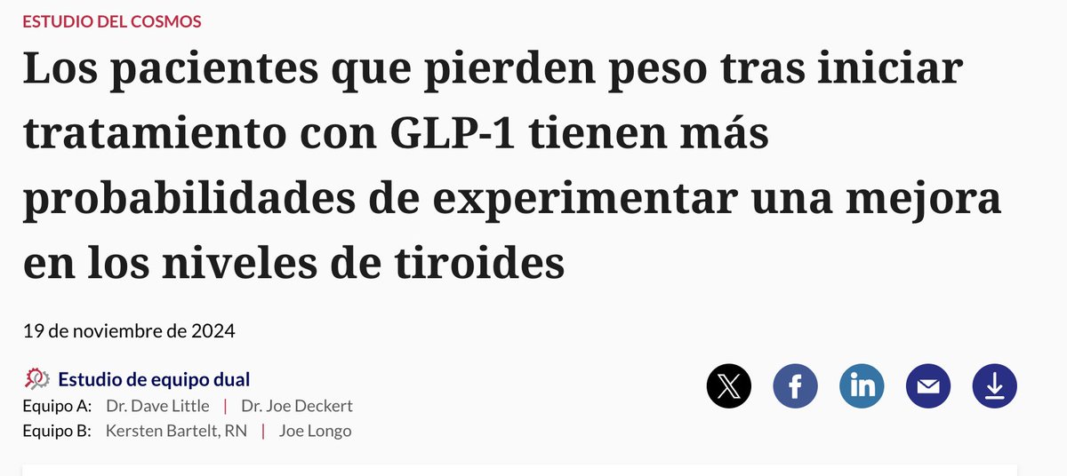 Así nos manipulan:  😱 Puro Marketing con apariencia de ciencia... 

Titular : 

"Patients Who Lose Weight After Starting GLP-1s More Likely to See Thyroid Level Improvement"

"Los pacientes que pierden peso tras iniciar tratamiento con GLP-1 tienen más probabilidades de
