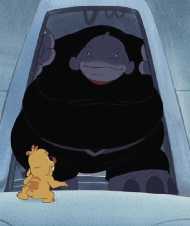 So you’re telling ME
Gantu gets tricked into eating a cake filled with thousands of calories.
Gains all that weight in less than 2 seconds.
Bounces away with those MASSIVE hips and curves of his.
And remains like that at the end? 
HAWT DAMN~