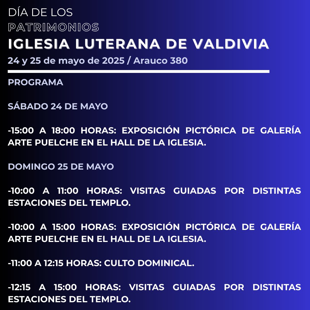 ¡Todos invitados!

#DiaDeLosPatrimonios #iglesialuteranadevaldivia #valdivia #valdiviacl #valdiviachile