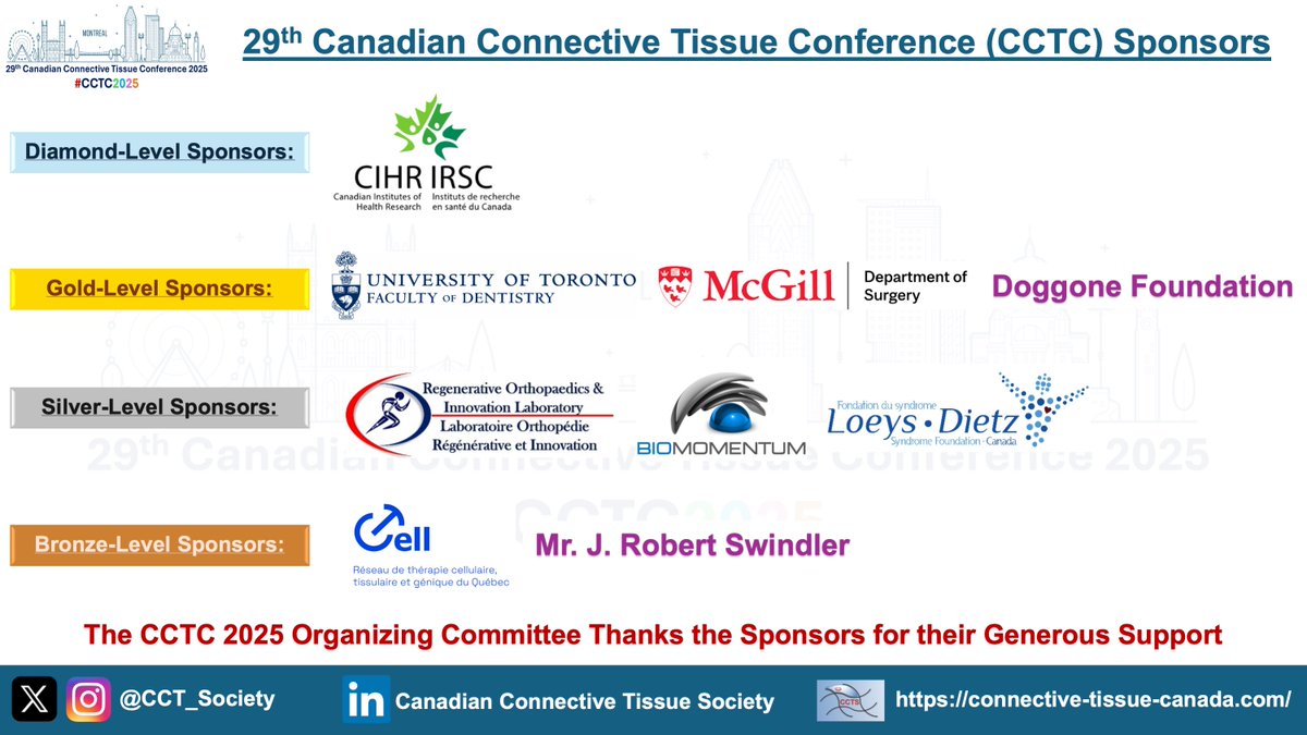 🌟 A heartfelt thank you to our CCTC 2025 sponsors!
Your generous support helps advance connective tissue research and brings our scientific community together. Without your support, this conference would not have been possible! #CCTC2025