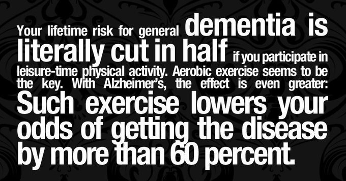 Ian Kremer (@lead_coalition) on Twitter photo Regular #exercise and raising your overall #fitness level improves quality of life whether you are healthy or have a medical condition. Exercise also contributes to reducing your risk of #Alzheimers disease and other forms of #dementia.
#health #aging Regular #exercise and raising your overall #fitness level improves quality of life whether you are healthy or have a medical condition. Exercise also contributes to reducing your risk of #Alzheimers disease and other forms of #dementia.
#health #aging