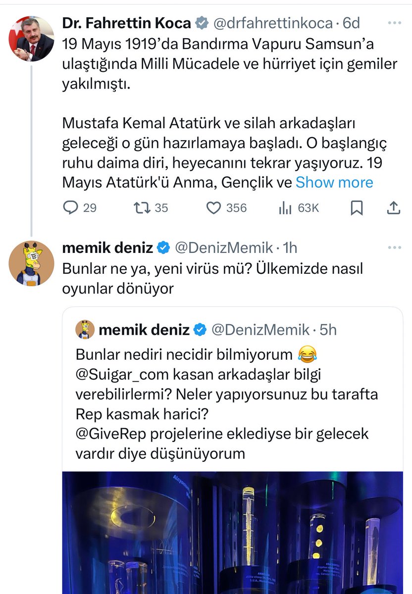 DenizMemik's tweet photo. Profildeki görüntülemelere bot diyen arkadaşlar için taktiği açıklıyorum 😂

Ana hesabımızdan farmlamak istediğimiz proje hakkında tweet atıyoruz mesela bu tweet @PawtatoFinance olsun. 

Gerekli yazı ve etiketleri yazıyoruz @GiveRep gibi. Şimdi geriye kalanlar şöyle;
- karşılıklı destek sağlamaya çalışıyoruz 
- telegram grupları var linklerin paylaşıldığı, oralara giriyoruz ve destekleşiyoruz
- bu adım kimisine göre çirkef ancak ben böyle yapıyorum: yan hesap yani kullanmadığımız twitter hesaplarından paylaşım linklerini alıyoruz ve yüksek takipçi veya görüntüleme alan hesaplara az oynama yaparak yapıştırıyoruz 😂 örneği bırakıyorum aşağıya

Like veya rt pek gelmiyor ama görüntüleme hayal gücünüze bağlı olarak gelecek kişilere göre kasabiliyorsunuz. İster siyasi, ister cinsel içerikli isterseniz gündemdeki konulara göre değiştirin kdkdk