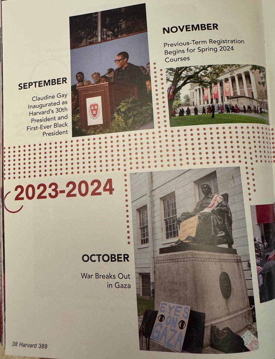 🚨BREAKING: Harvard just printed THIS in its official 2025 yearbook.

In the timeline, for October 2023, they put:
“War Breaks Out in Gaza.” 😑

That’s how they chose to describe the most horrific day for Jews since the Holocaust.

No mention that Gaza invaded Israel in a