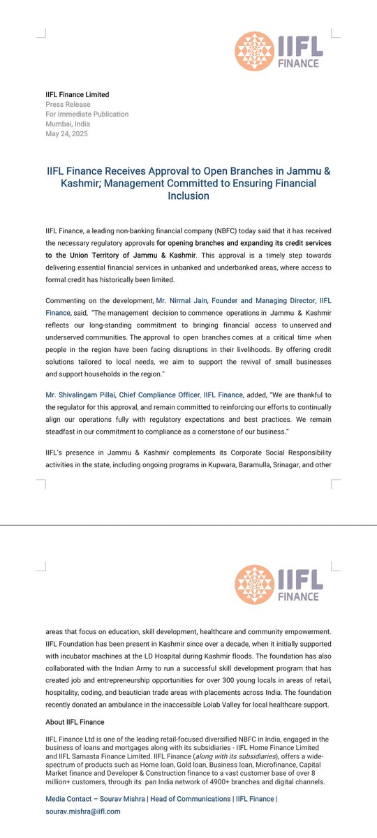 Shivalingam Pillai, Chief Compliance Officer said, “We are thankful to the regulator for this approval, and remain committed to reinforcing our efforts to continually align our operations fully with regulatory expectations and best practices..." #IIFLFinance  #JammuAndKashmir