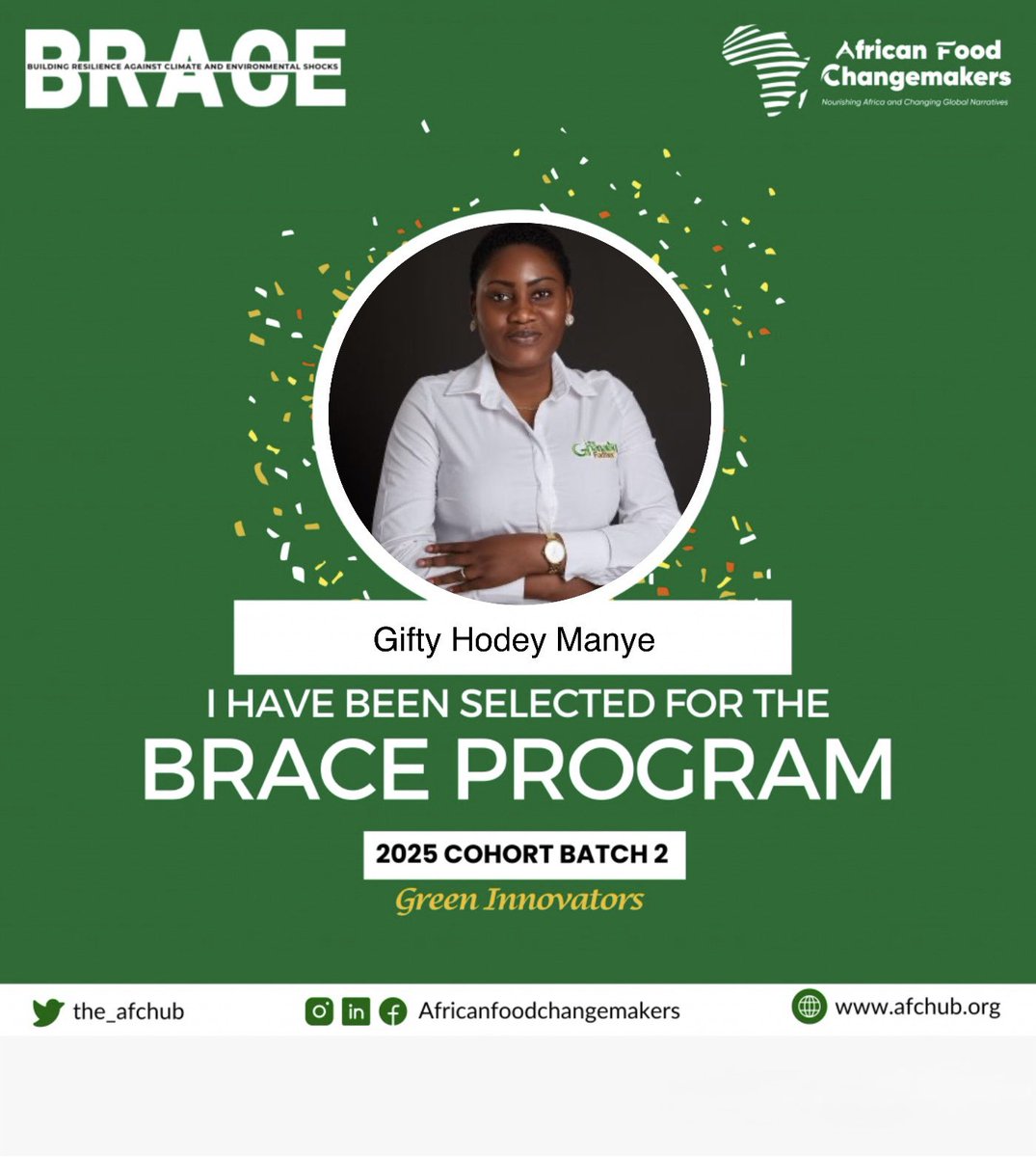The Ghanaian Farmer (@enyonammanye) on Twitter photo I'm thrilled to share that I've been selected for the BRACE Program 2025 Cohort Batch 2! 🙌
This prestigious program will help me enhance my skills, network, and gain valuable insights. I'm excited to learn and contribute to the community.
<a href="/the_afchub/">African Food Changemakers</a> I'm thrilled to share that I've been selected for the BRACE Program 2025 Cohort Batch 2! 🙌
This prestigious program will help me enhance my skills, network, and gain valuable insights. I'm excited to learn and contribute to the community.
<a href="/the_afchub/">African Food Changemakers</a>