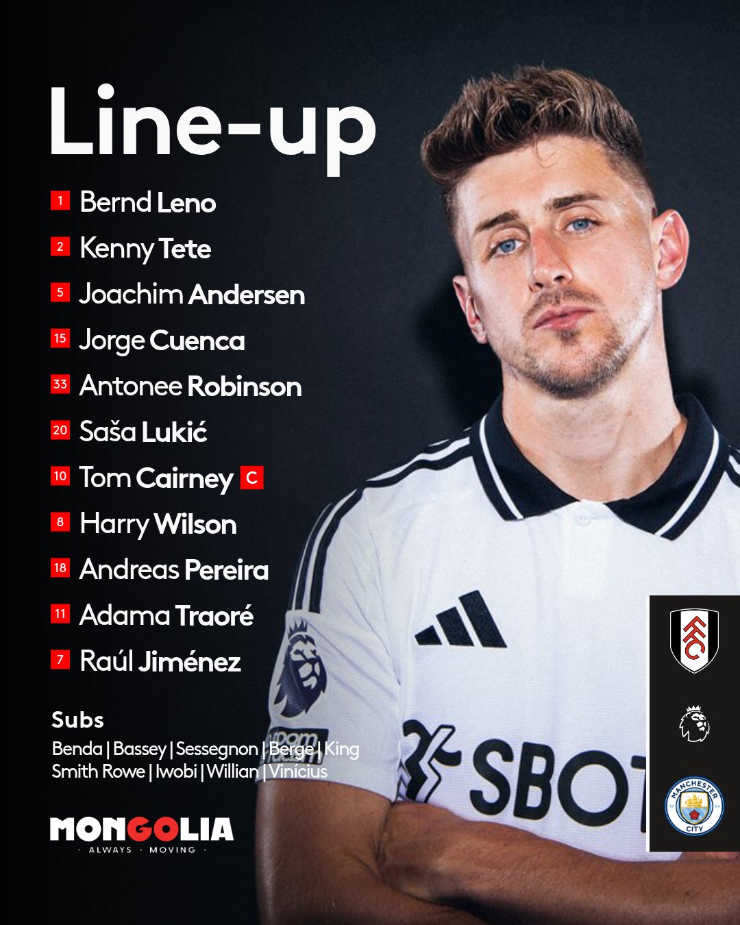 XI: Leno, Tete, Andersen, Cuenca, Robinson, Lukić, Cairney, Wilson, Andreas, Adama, Raúl.
    Subs: Benda, Bassey, Sessegnon, Berge, King, Smith Rowe, Iwobi, Willian, Vinícius.