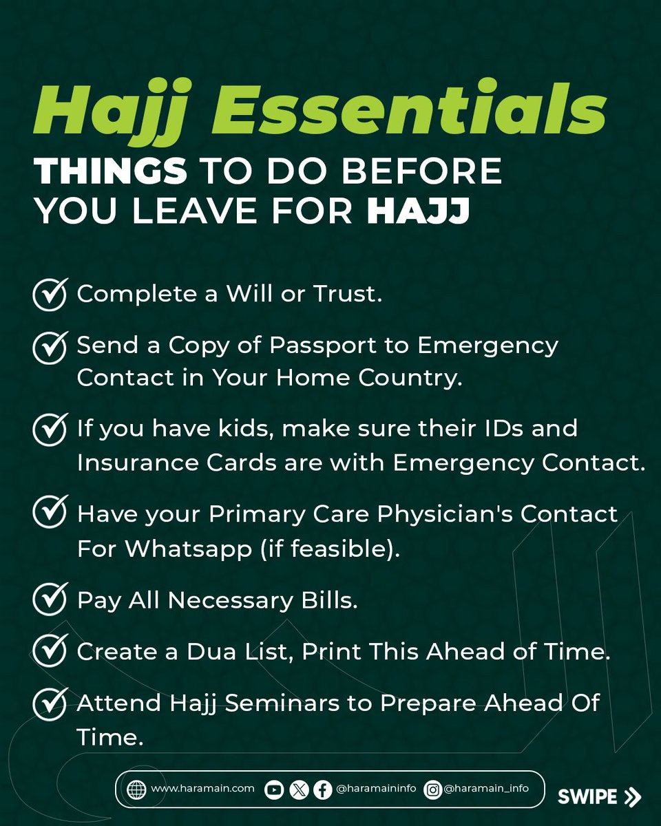 HaramainInfo's tweet photo. Hajj 2025 Essentials 🕋

Save this guide for your Hajj journey and share it with someone going for Hajj this year
.
.
.
#Haramaininfo #Haramain #Hajj2025 https://t.co/FjAmw26CIb