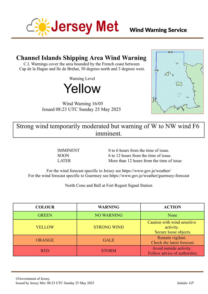 Wind Warning 16/05 issued 08:23 UTC Sunday 25 May 2025.