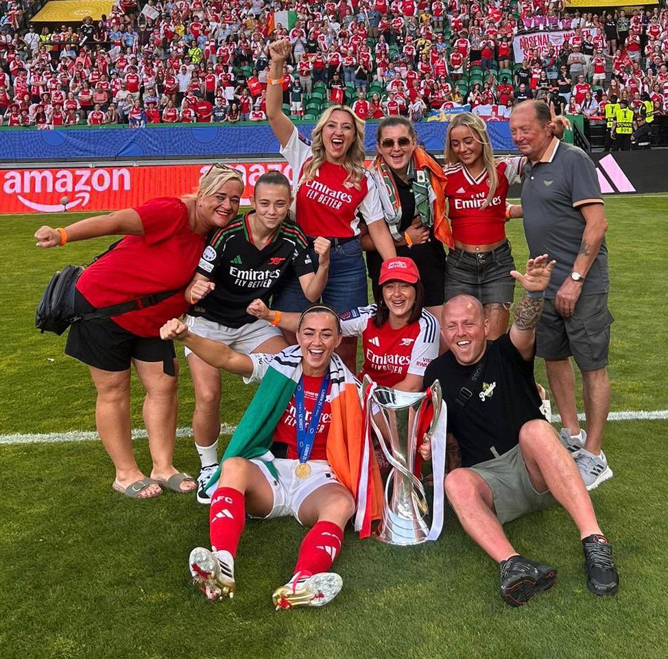 🏆🏆A big shout out to #Tallaght’s <a href="/Katie_McCabe11/">Katie McCabe</a> McCabe who won the Champions League with her club Arsenal on Saturday after a 1-0 win over defending champions Barcelona . The Kilnamanagh star is with the trophy with her proud parents Sharon and Gary and her family in Lisbon.