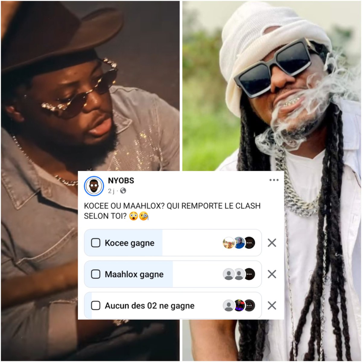 nyobswrld's tweet photo. MAAHLOX VS KOCEE. 🛡️💀
ÇA C'EST LE RÉSULTAT DU SONDAGE QUE J'AI LANCÉ SUR LA PAGE FACEBOOK NYOBS.
Selon toi qui a remporté le clash?
#kocee #maahloxlevibeur #rapcamer https://t.co/7NCHfjveLe