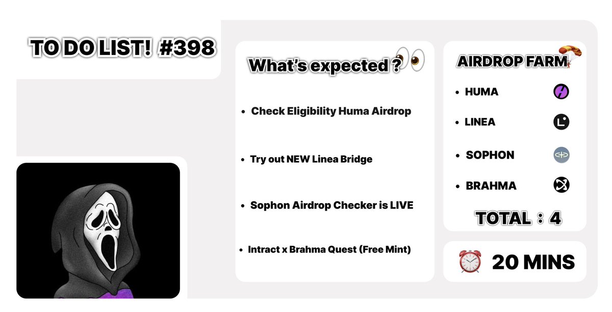 asedd72's tweet photo. 🪂 𝗔𝗜𝗥𝗗𝗥𝗢𝗣 𝗧𝗢 𝗗𝗢 𝗟𝗜𝗦𝗧! #398

→ Check Eligibility Huma Airdrop
🔗 https://t.co/EJEQHns3u3

→ Try out NEW Linea Bridge
🔗 https://t.co/Zu0WeoCvwg

→ Sophon Airdrop checker is LIVE
🔗 https://t.co/QGmhgO4Rb1

→ Intract x Brahma Quest (Free Mint) 
🔗 https://t.co/nbI9VoMEAz