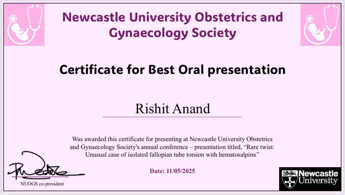 anandrishit_'s tweet image. It was an honour &amp;amp; delight to receive Best Oral Presentation for my virtual presentation on ‘Hematosalpinx Torsion’ at Annual NUOGC Conference organised by the Obstetrics &amp;amp; Gynaecology Society of Newcastle Medical School, Newcastle University, England. 
#surgery #research #Health