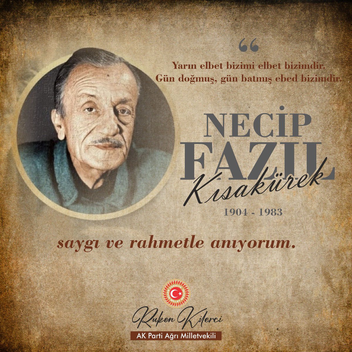 "Yarın elbet bizim, elbet bizimdir gün doğmuş, gün batmış, ebed bizimdir."

Yaşamını inandığı davaya adayarak bir nesle umut aşılayan, fikir ve dava adamı üstad #NecipFazılKısakürek'i vefatının yıl dönümünde saygı ve rahmetle anıyorum.