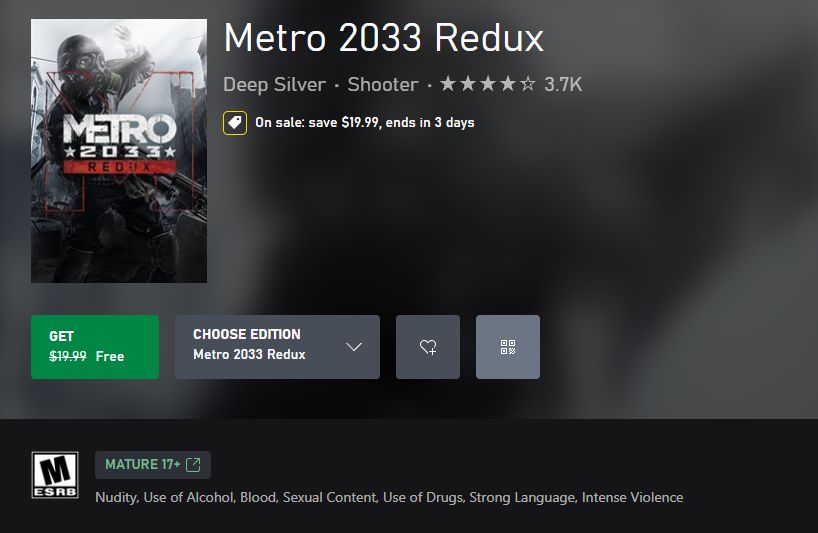 Metro 2033 Redux is currently free to redeem and keep on Xbox. Not for long though, so act now and don't miss out.