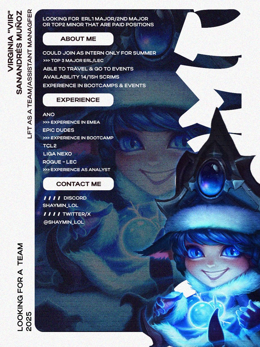 After some time off, I'm back✌🏻

• Looking for new opportunities as Team Manager/Assistant Manager for Summer Split 

× Able to help with other tasks if team needs it. 

~ Interested in Major ERL 1/2 and top 2-3 Minor ERL✨

❤️&amp;🔄 are rlly appreciated