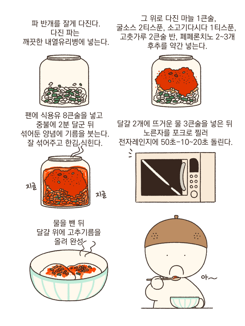 사실상 고추기름 만드는 법이네요ㅎ..
최근 가장 자주 먹은 아침식사인데요, 
감칠맛 나는 고추기름에 수란을 같이 먹는건데 간단하고 맛있더라구요. 기름이라 보관성도 좋고 간이 좀 되어 있어서 적은 양으로도, 건더기까지 함께 여기저기 조미료나 양념으로 먹기 편해요