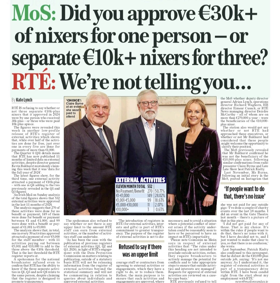 RTÉ IS refusing to say whether or not three separate €10k-plus nixers that it approved in 2024 were by one person who received 30k-plus – or three who were paid 10k-plus apiece.

Rte loves to waste taxpayers money just like the government and nobody is ever held accountable.