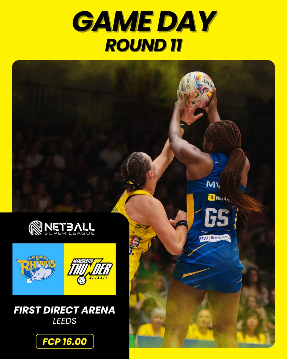 Manchester Thunder (@thundernetball) on Twitter photo It's game day as we take on <a href="/RhinosNetballSL/">NIC Leeds Rhinos Netball</a> at the First Direct Arena in round 11 of the <a href="/NetballSL/">Netball Super League</a> β‘οΈπ¦
Watch us live on <a href="/BBCiPlayer/">BBC iPlayer</a> from 4pm πΊ
Let's go Thunder, let's go ππ€ It's game day as we take on <a href="/RhinosNetballSL/">NIC Leeds Rhinos Netball</a> at the First Direct Arena in round 11 of the <a href="/NetballSL/">Netball Super League</a> β‘οΈπ¦
Watch us live on <a href="/BBCiPlayer/">BBC iPlayer</a> from 4pm πΊ
Let's go Thunder, let's go ππ€