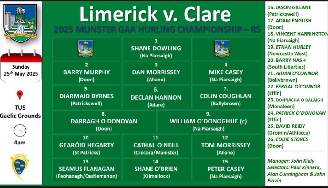 Wishing Cathal and all the Limerick Team the Very Best of Luck today in Round 5 of the Munster Hurling Championship 🟢⚪️